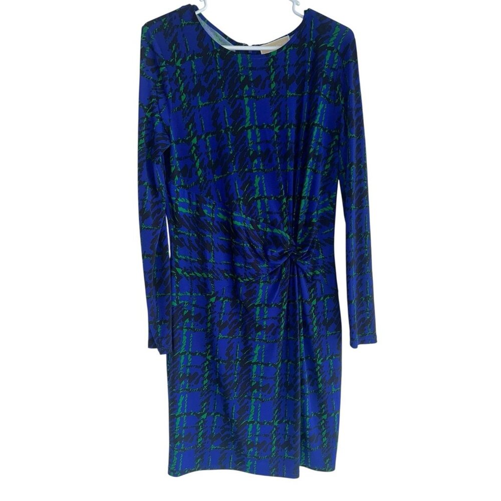 Michael Michael Kors Long Sleeve Gathered Knot Dress Size M Blue Green Plaid